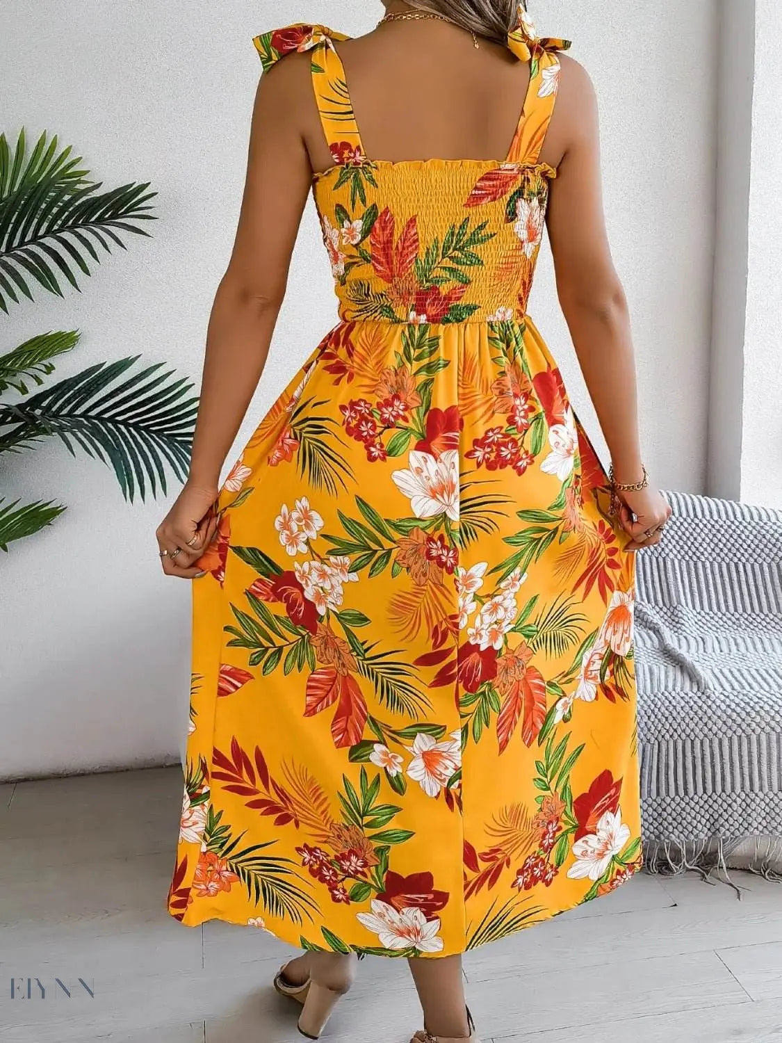 Floral Tie Shoulder Midi Dress with Smocked Detail - EBYNN