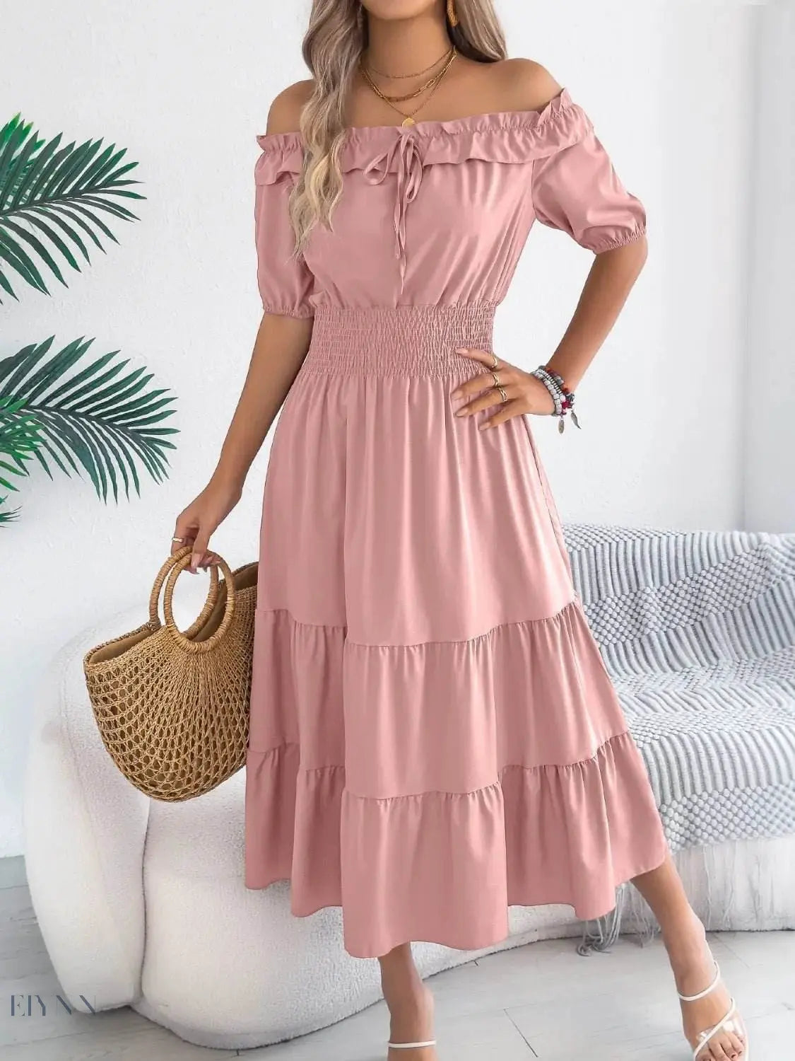 Smocked Off-Shoulder Dress – Effortlessly Stylish Tiered Fashion - EBYNN