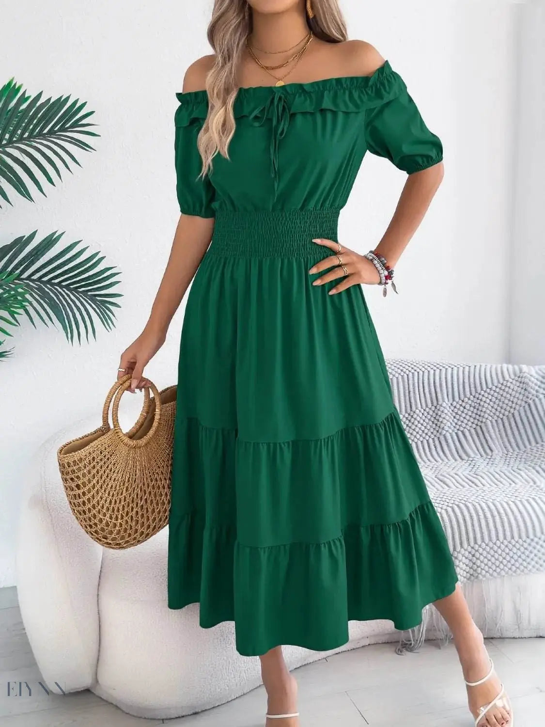 Smocked Off-Shoulder Dress – Effortlessly Stylish Tiered Fashion - EBYNN
