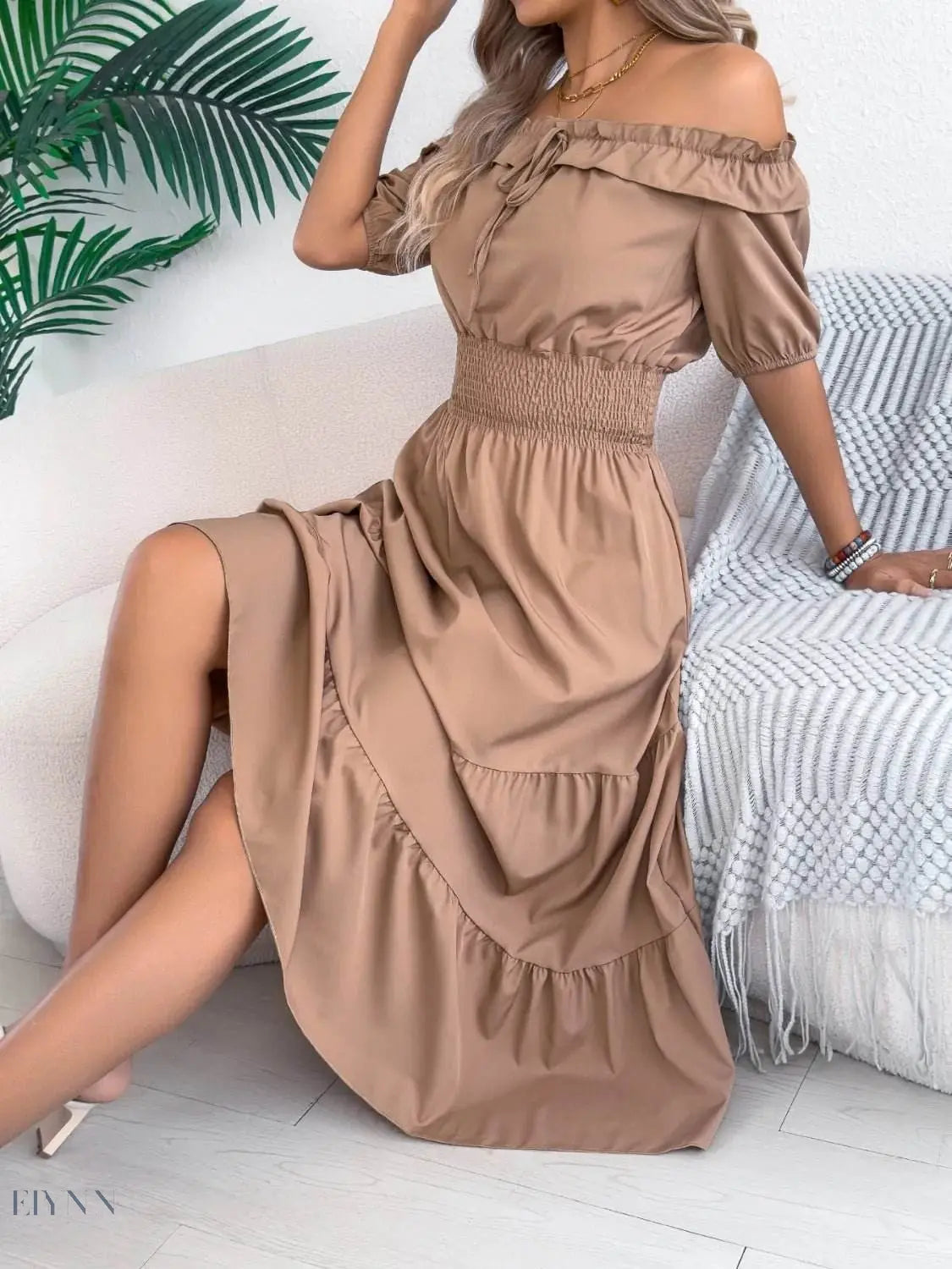 Smocked Off-Shoulder Dress – Effortlessly Stylish Tiered Fashion - EBYNN