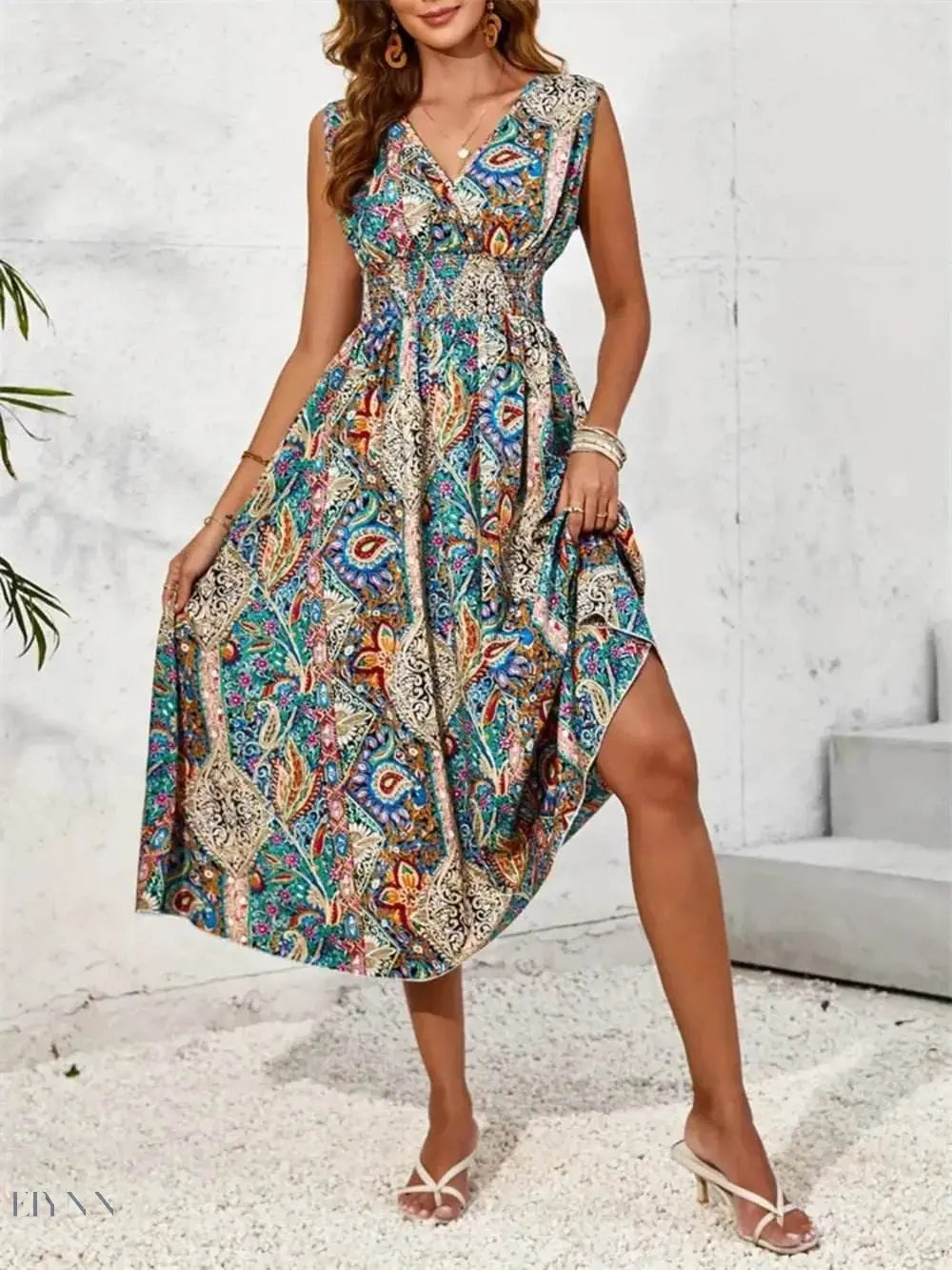 Smocked Printed Surplice Sleeveless Midi Dress - EBYNN