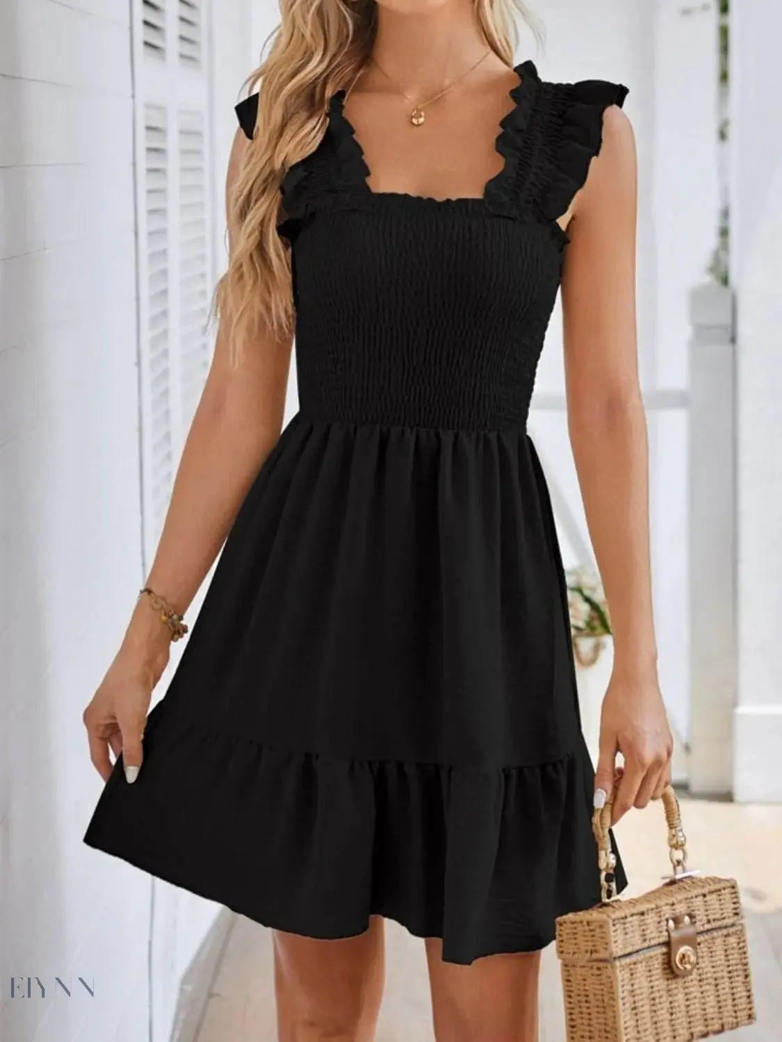 Smocked Square Neck Dress with Wide Straps for Effortless Style - EBYNN