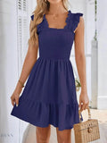Smocked Square Neck Dress with Wide Straps for Effortless Style - EBYNN