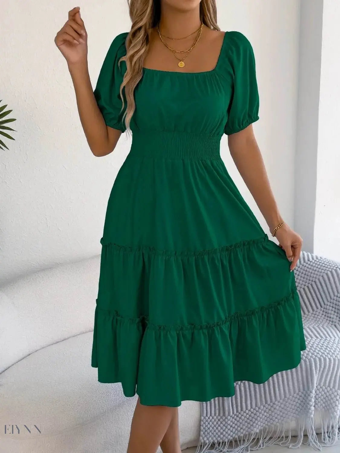 Square Neck Puff Sleeve Dress for Effortless Style and Comfort - EBYNN