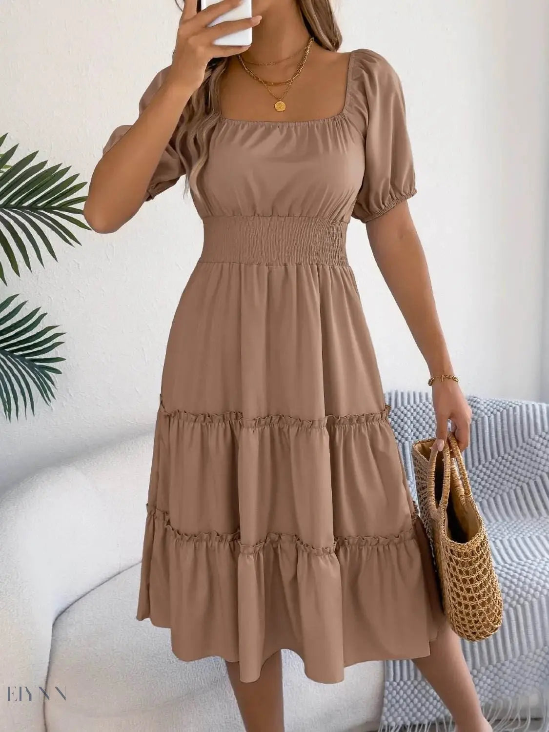 Square Neck Puff Sleeve Dress for Effortless Style and Comfort - EBYNN