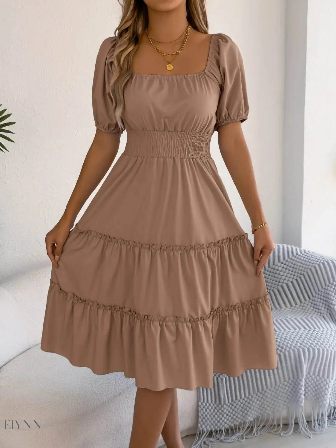 Square Neck Puff Sleeve Dress for Effortless Style and Comfort - EBYNN