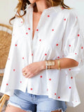 Star Print Button-Up Shirt with Puff Sleeves - EBYNN
