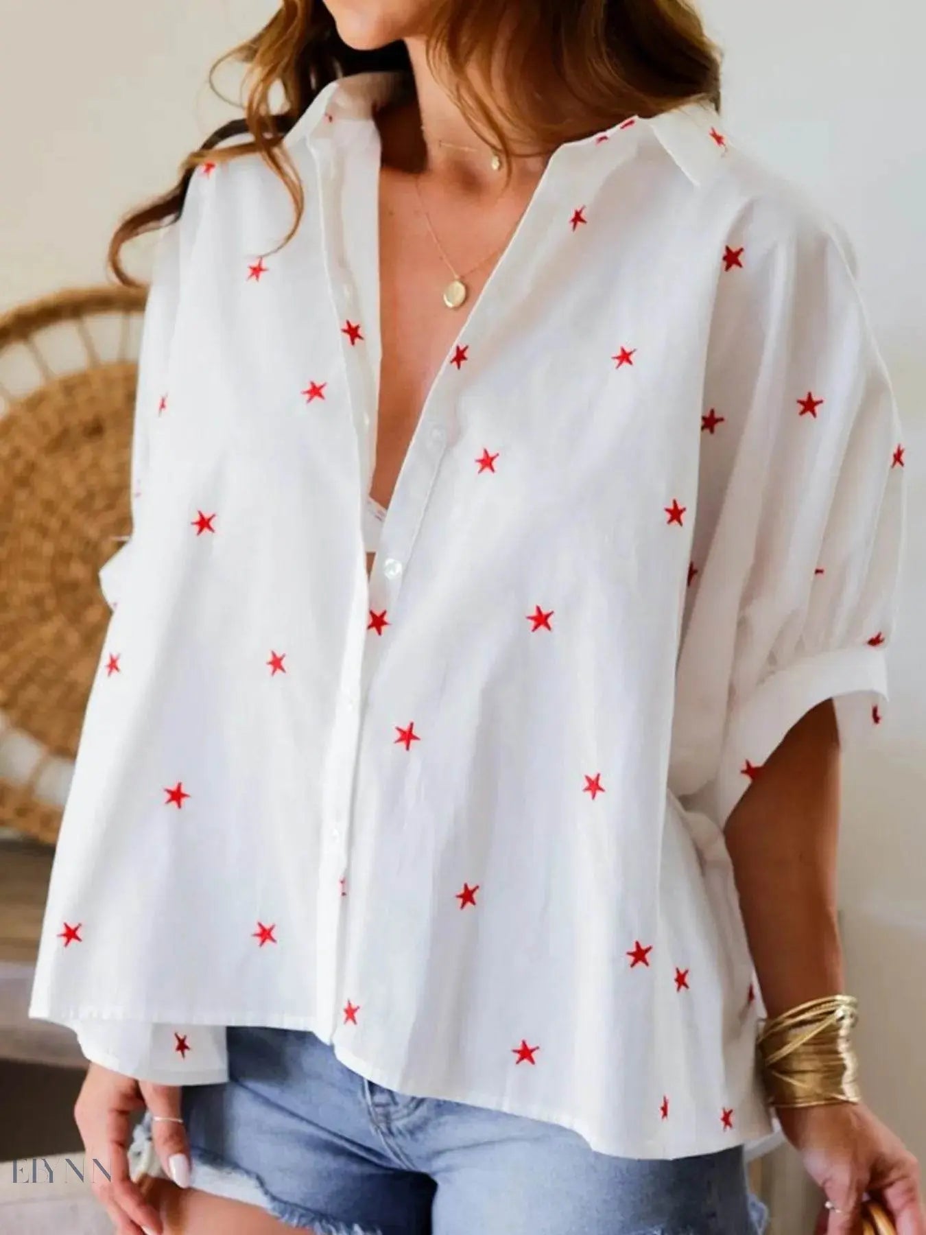 Star Print Button-Up Shirt with Puff Sleeves - EBYNN