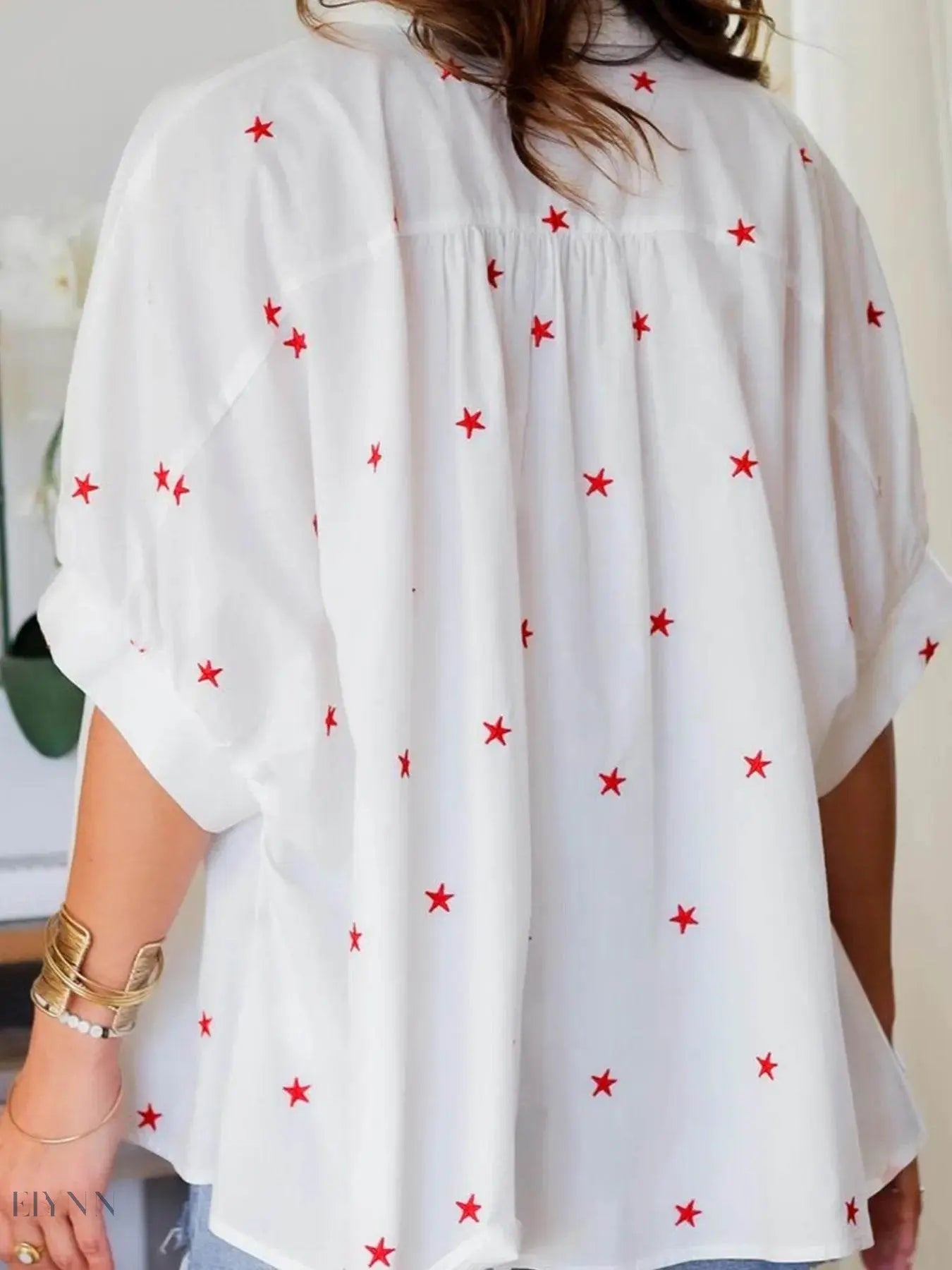 Star Print Button-Up Shirt with Puff Sleeves - EBYNN