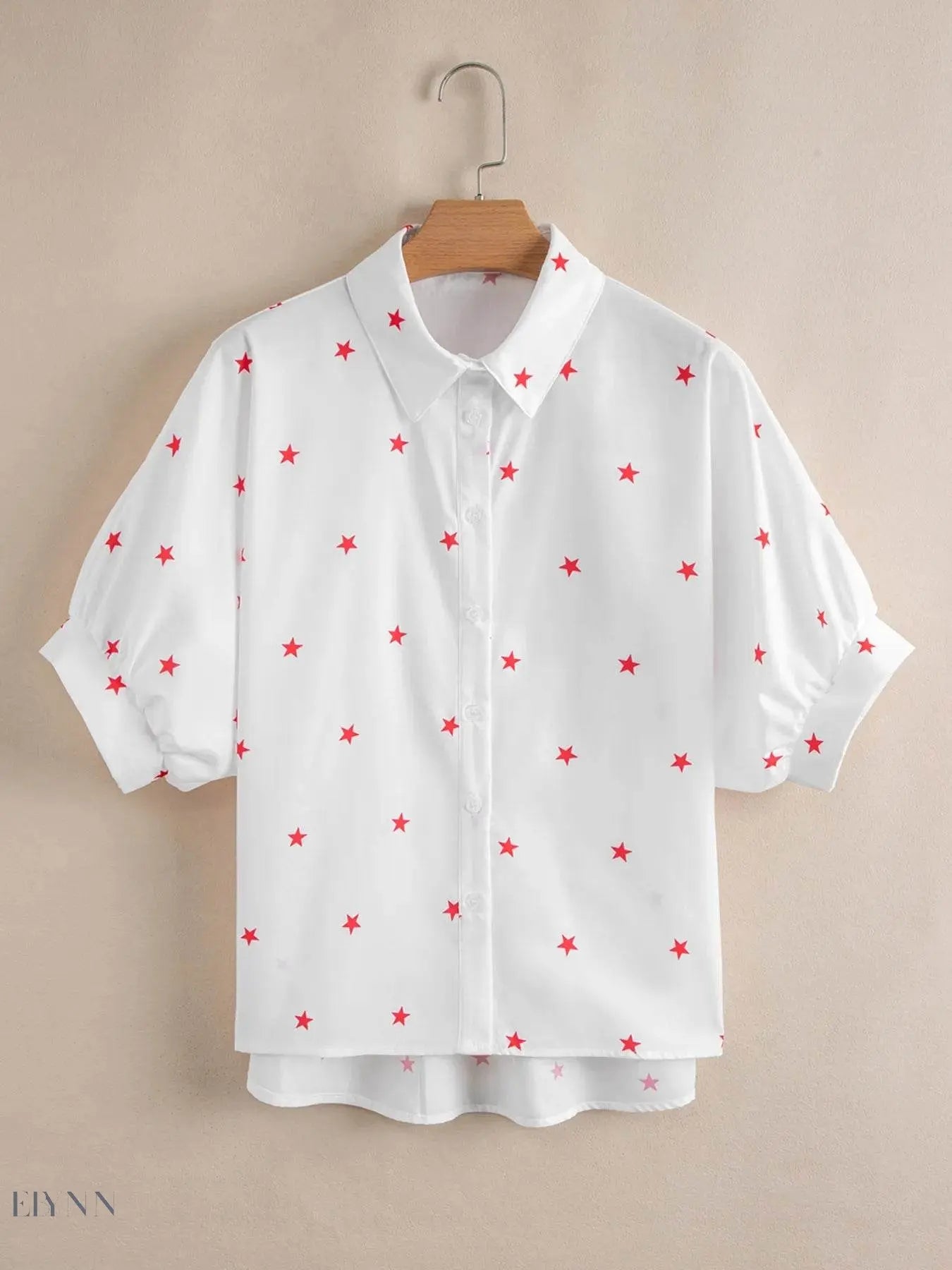 Star Print Button-Up Shirt with Puff Sleeves - EBYNN