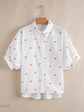 Star Print Button-Up Shirt with Puff Sleeves - EBYNN