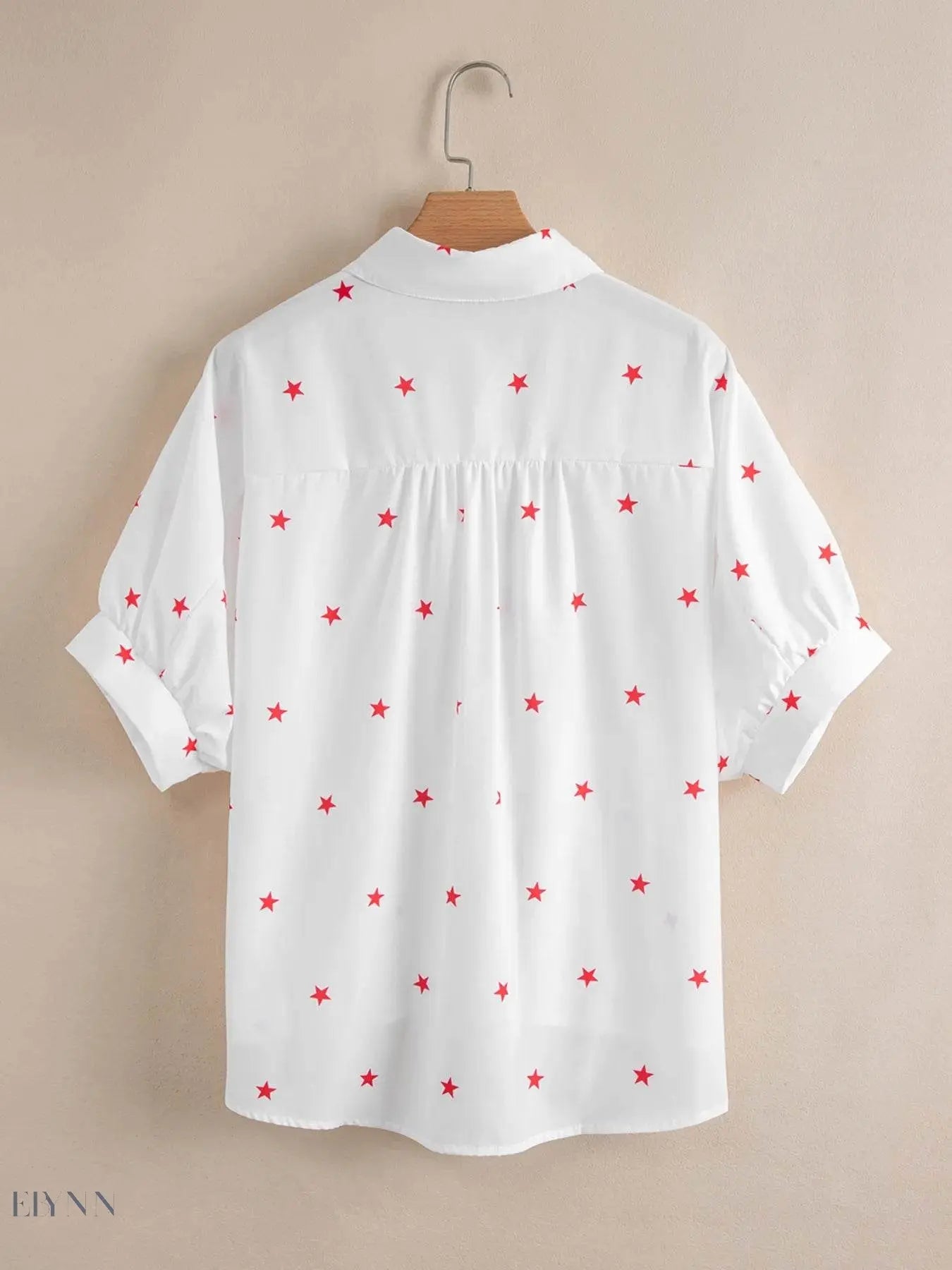 Star Print Button-Up Shirt with Puff Sleeves - EBYNN