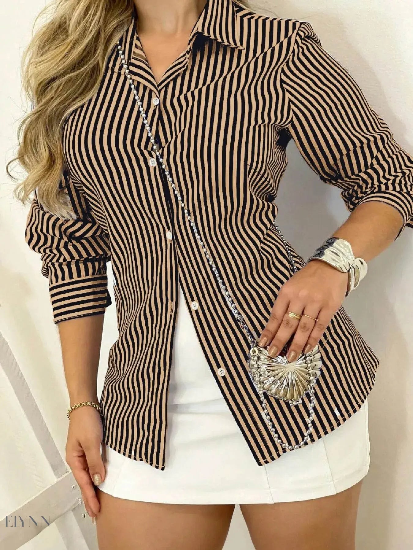 Striped Long Sleeve Shirt with Button-Down Front - EBYNN