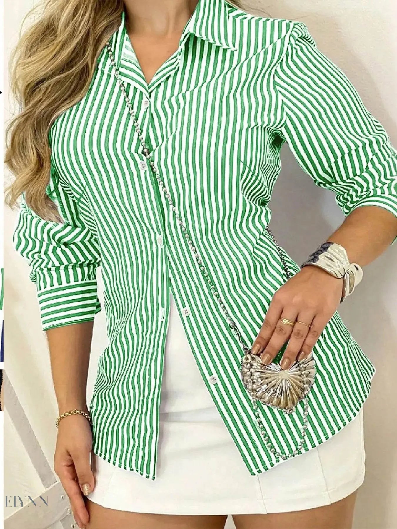 Striped Long Sleeve Shirt with Button-Down Front - EBYNN