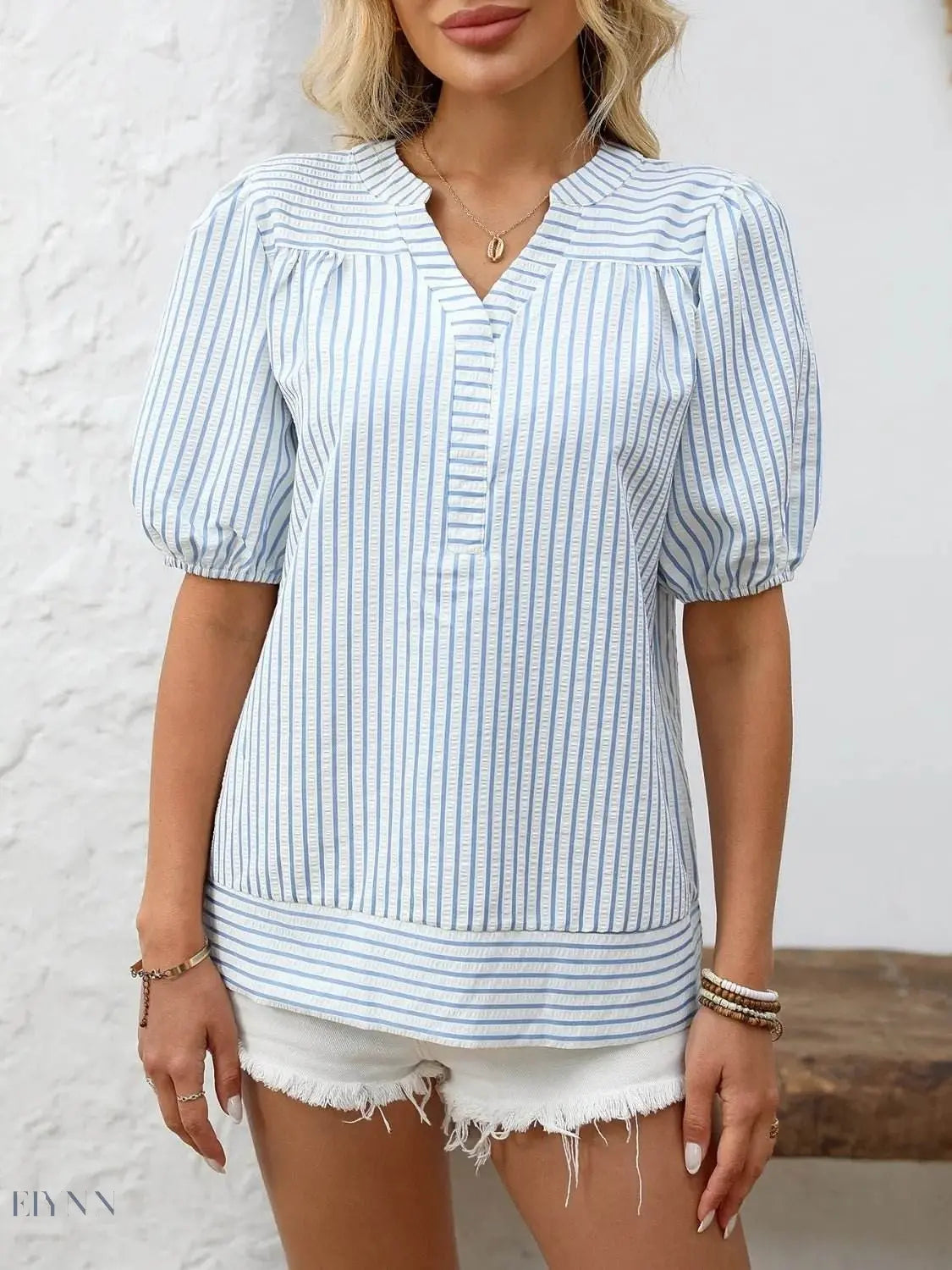 Striped Puff Sleeve Blouse with Notched Design - EBYNN
