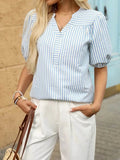 Striped Puff Sleeve Blouse with Notched Design - EBYNN