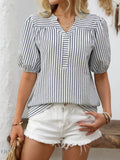 Striped Puff Sleeve Blouse with Notched Design - EBYNN