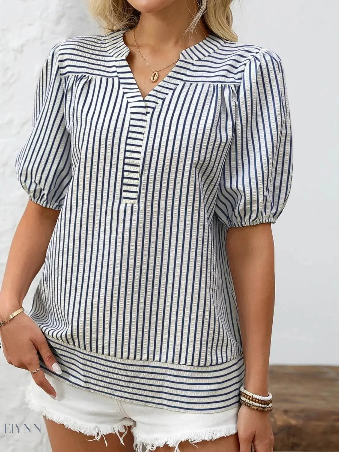 Striped Puff Sleeve Blouse with Notched Design - EBYNN
