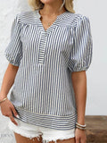 Striped Puff Sleeve Blouse with Notched Design - EBYNN