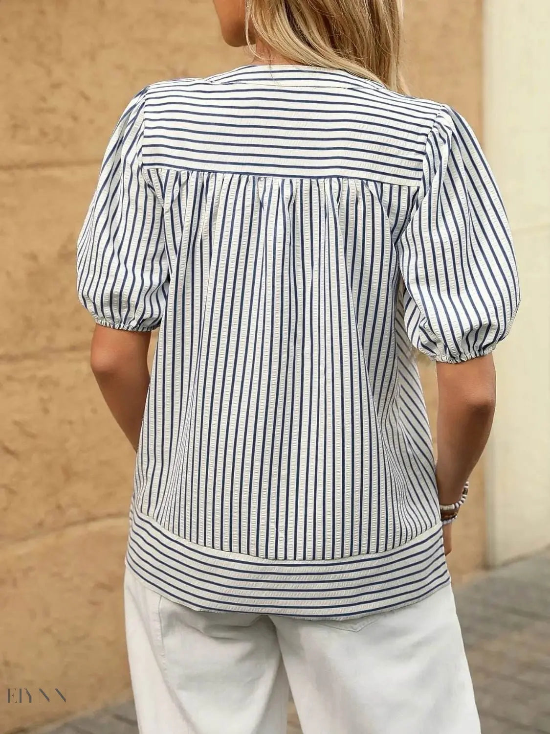 Striped Puff Sleeve Blouse with Notched Design - EBYNN