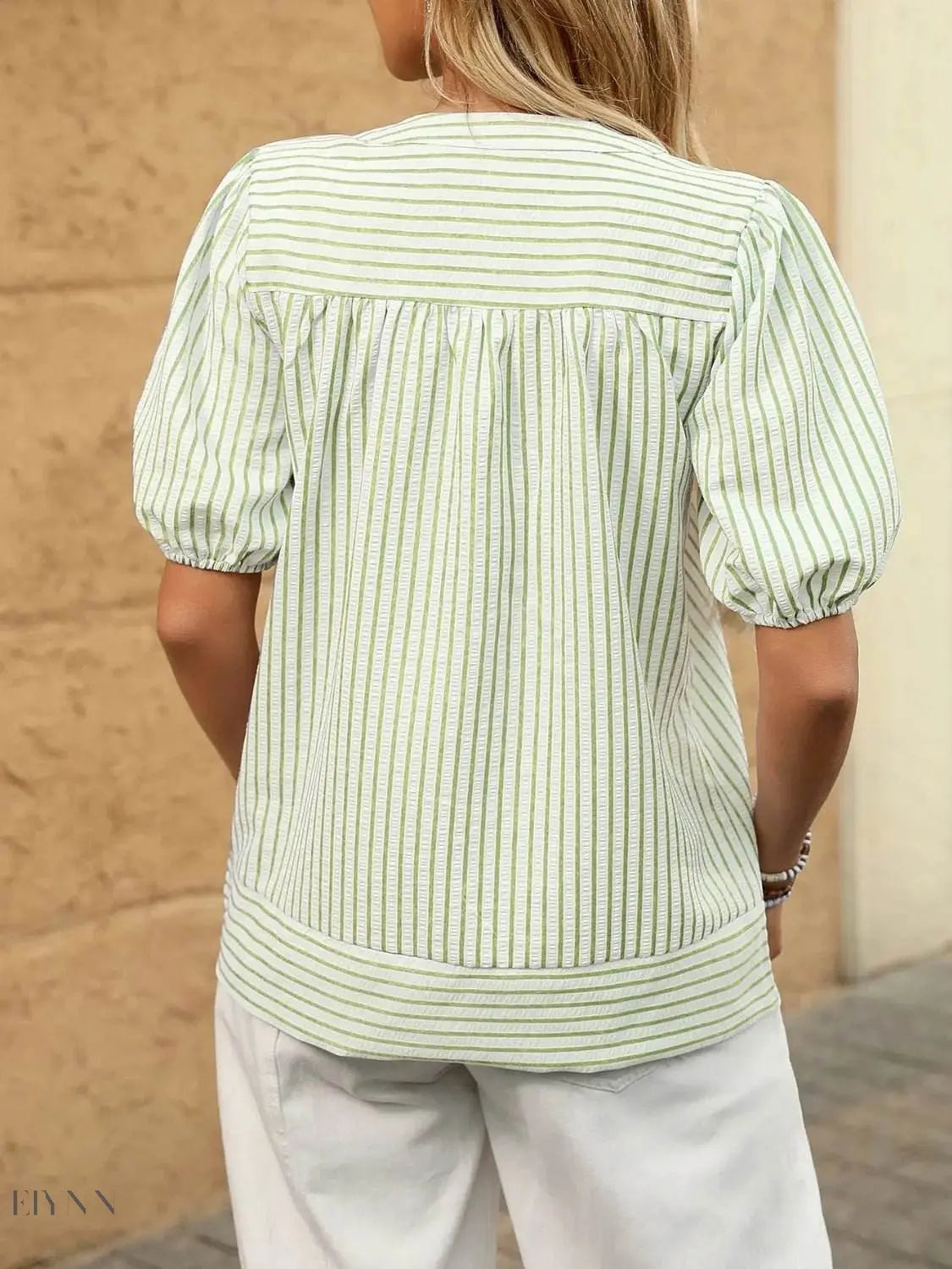Striped Puff Sleeve Blouse with Notched Design - EBYNN