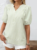 Striped Puff Sleeve Blouse with Notched Design - EBYNN