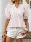Striped Puff Sleeve Blouse with Notched Design - EBYNN