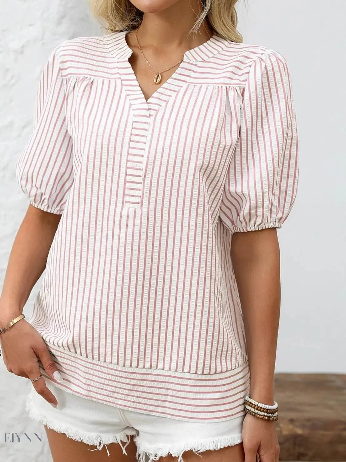 Striped Puff Sleeve Blouse with Notched Design - EBYNN