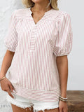 Striped Puff Sleeve Blouse with Notched Design - EBYNN