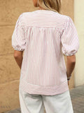 Striped Puff Sleeve Blouse with Notched Design - EBYNN