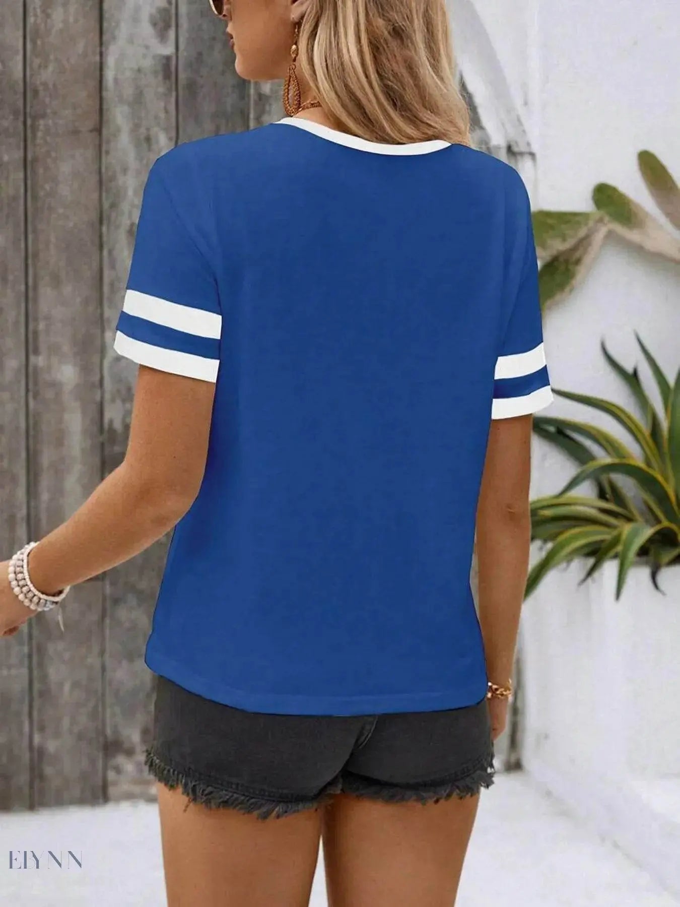 Striped Half Zip Top with Short Sleeves - EBYNN