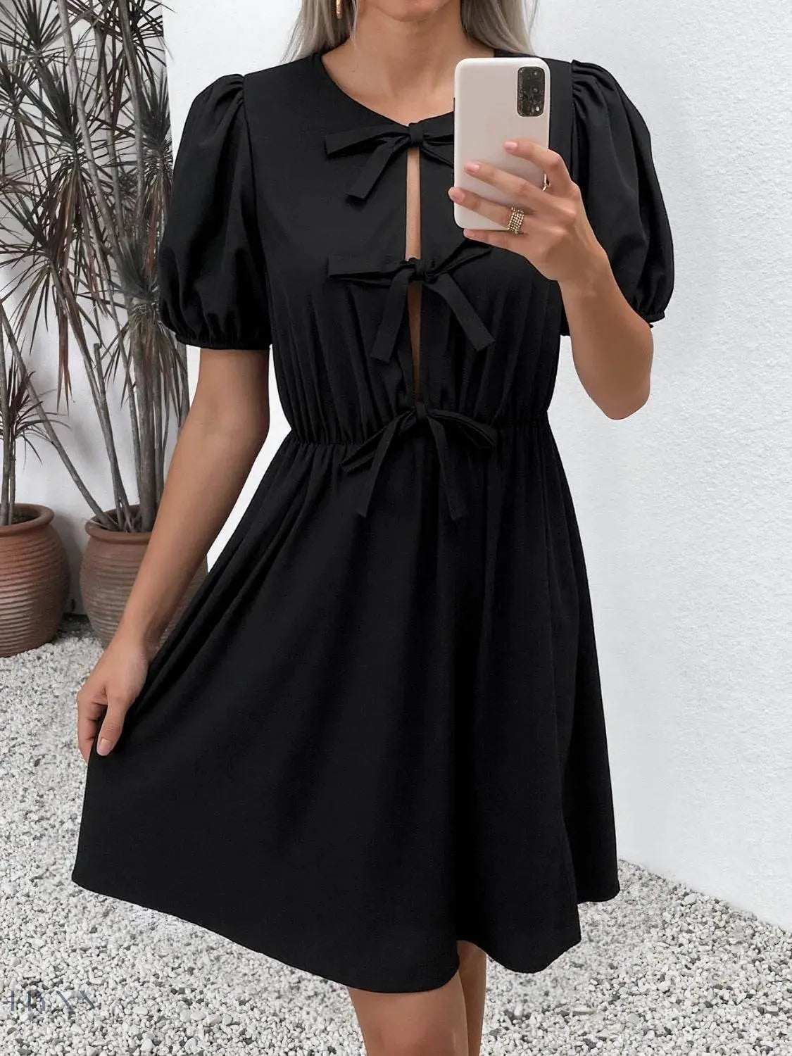 Tie Front Puff Sleeve Mini Dress - EBYNN