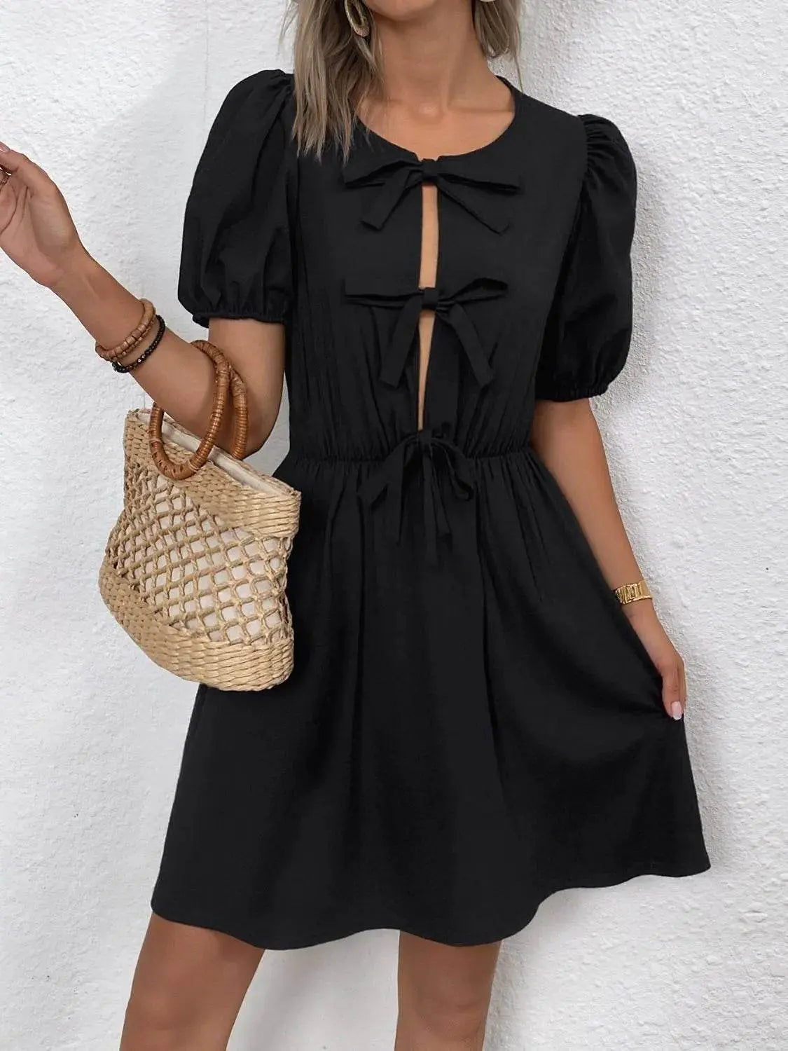 Tie Front Puff Sleeve Mini Dress - EBYNN