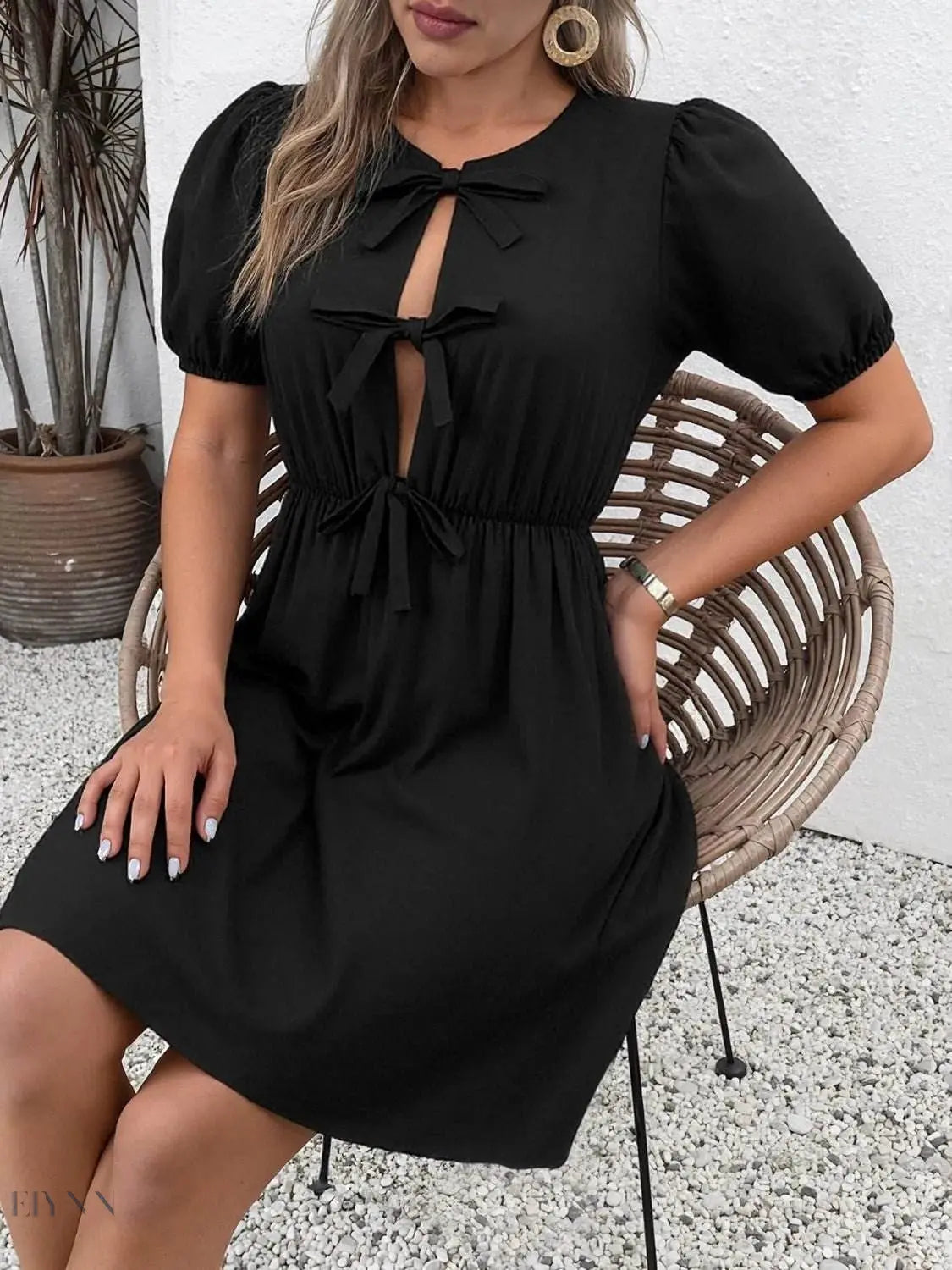 Tie Front Puff Sleeve Mini Dress - EBYNN