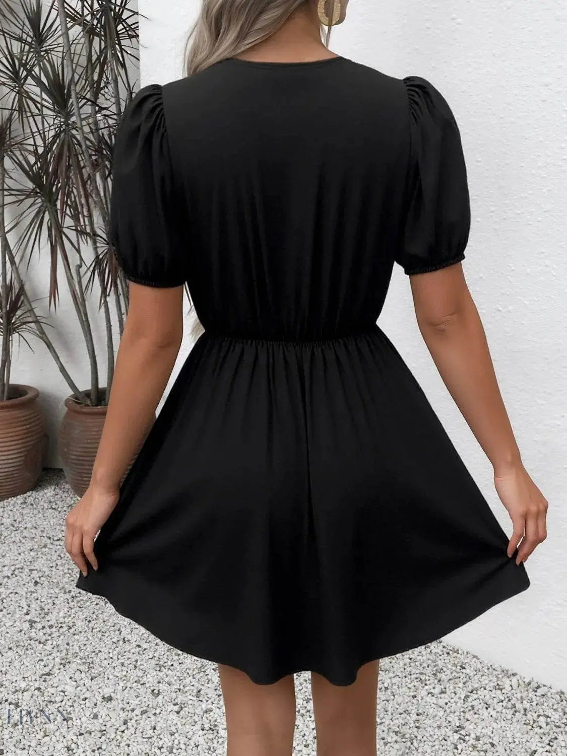 Tie Front Puff Sleeve Mini Dress - EBYNN