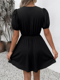 Tie Front Puff Sleeve Mini Dress - EBYNN