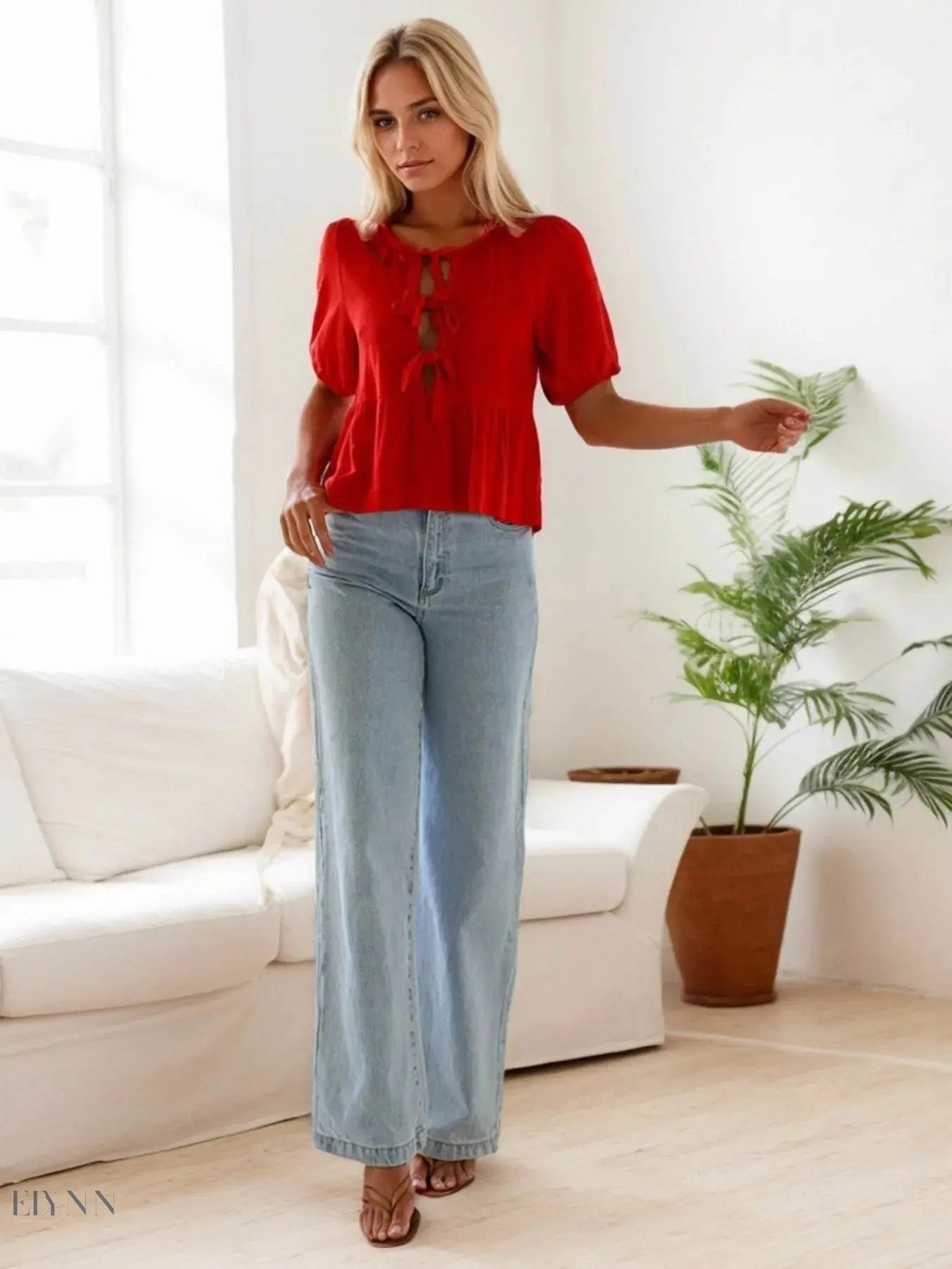 Tie-Front Blouse with Short Sleeves - EBYNN