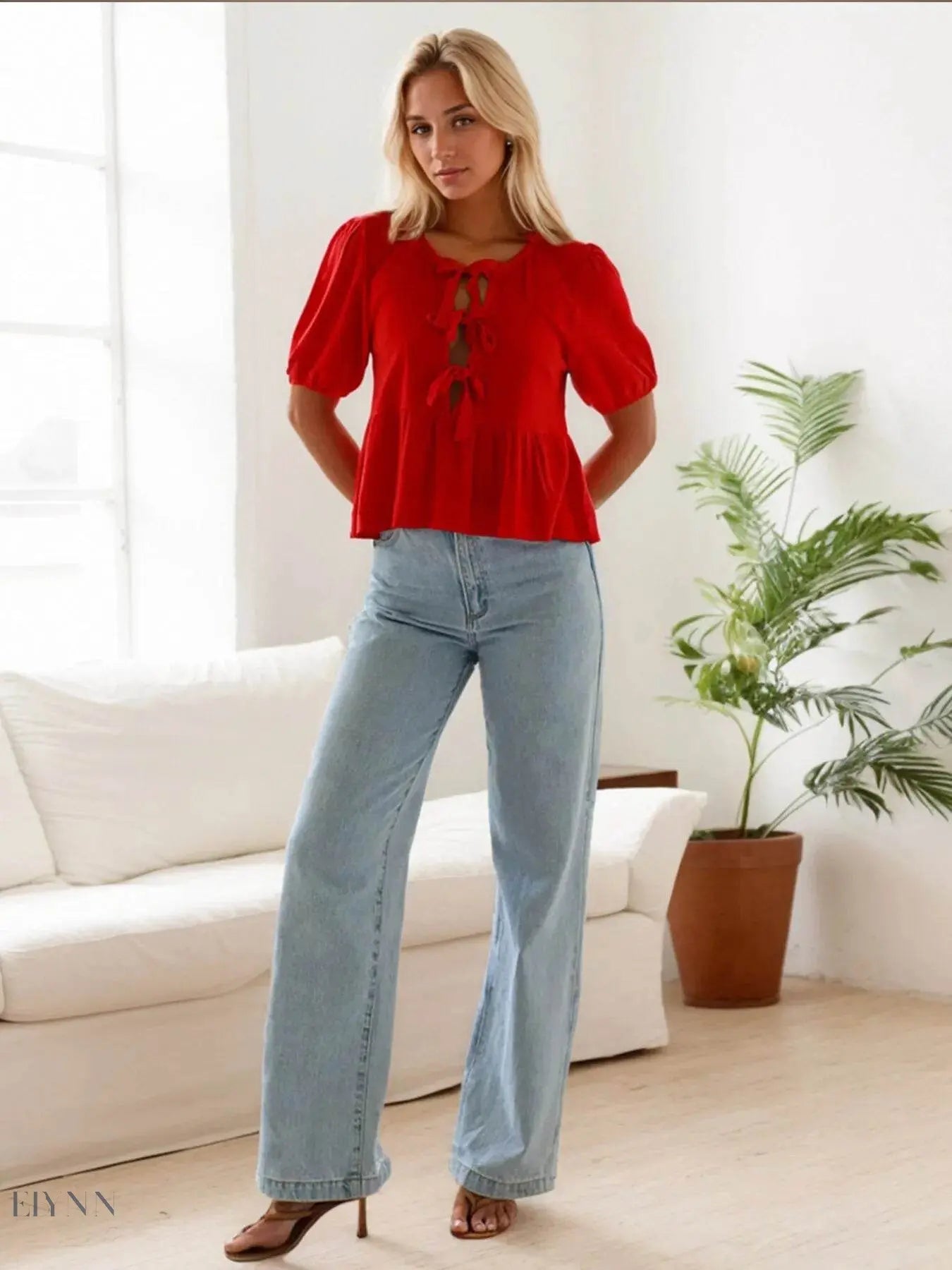 Tie-Front Blouse with Short Sleeves - EBYNN