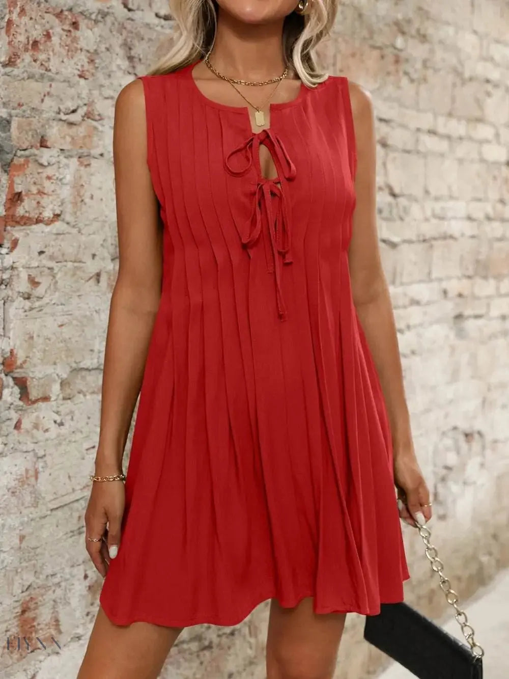 Tied Front Pleated Sleeveless Mini Dress - EBYNN