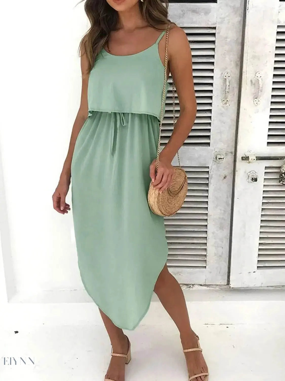 Tied Side Slit Dress - Elegant Midi Cami Design - EBYNN
