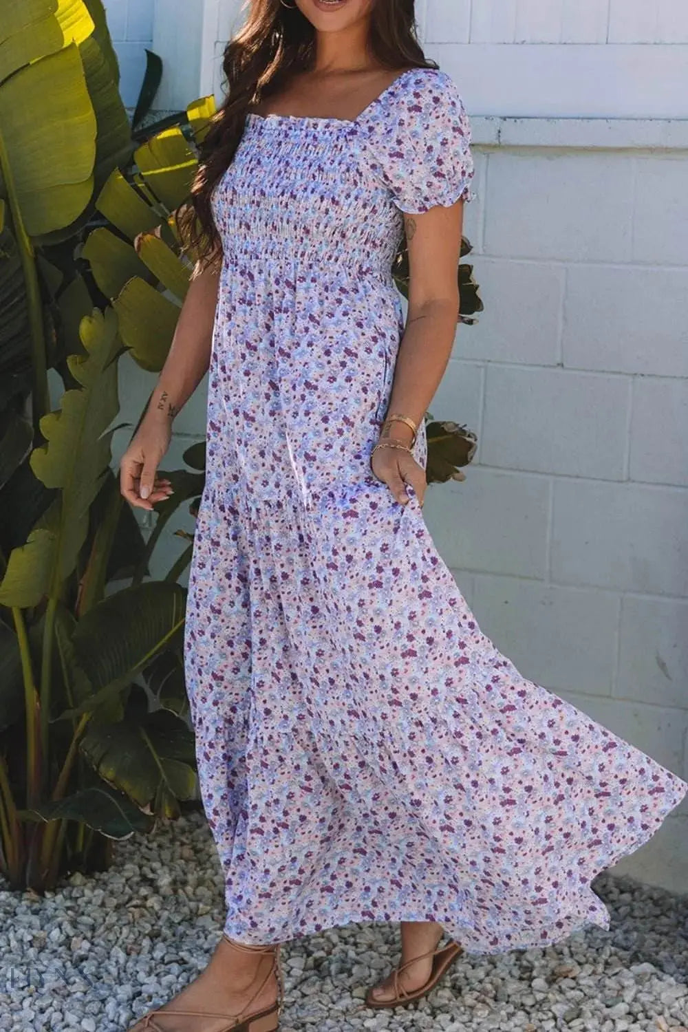 Tiered Floral Shirred High Waist Maxi Dress - EBYNN