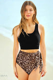 Two-Tone Floral Leopard Tied Two-Piece Swimsuit - EBYNN
