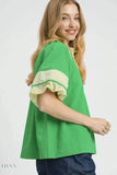 Umgee Puff Sleeve Blouse with Contrast Trim and Notched Design - EBYNN