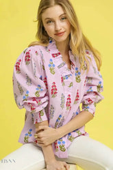 Umgee Floral Print Shirt with Lantern Sleeves and Button Down Design - EBYNN