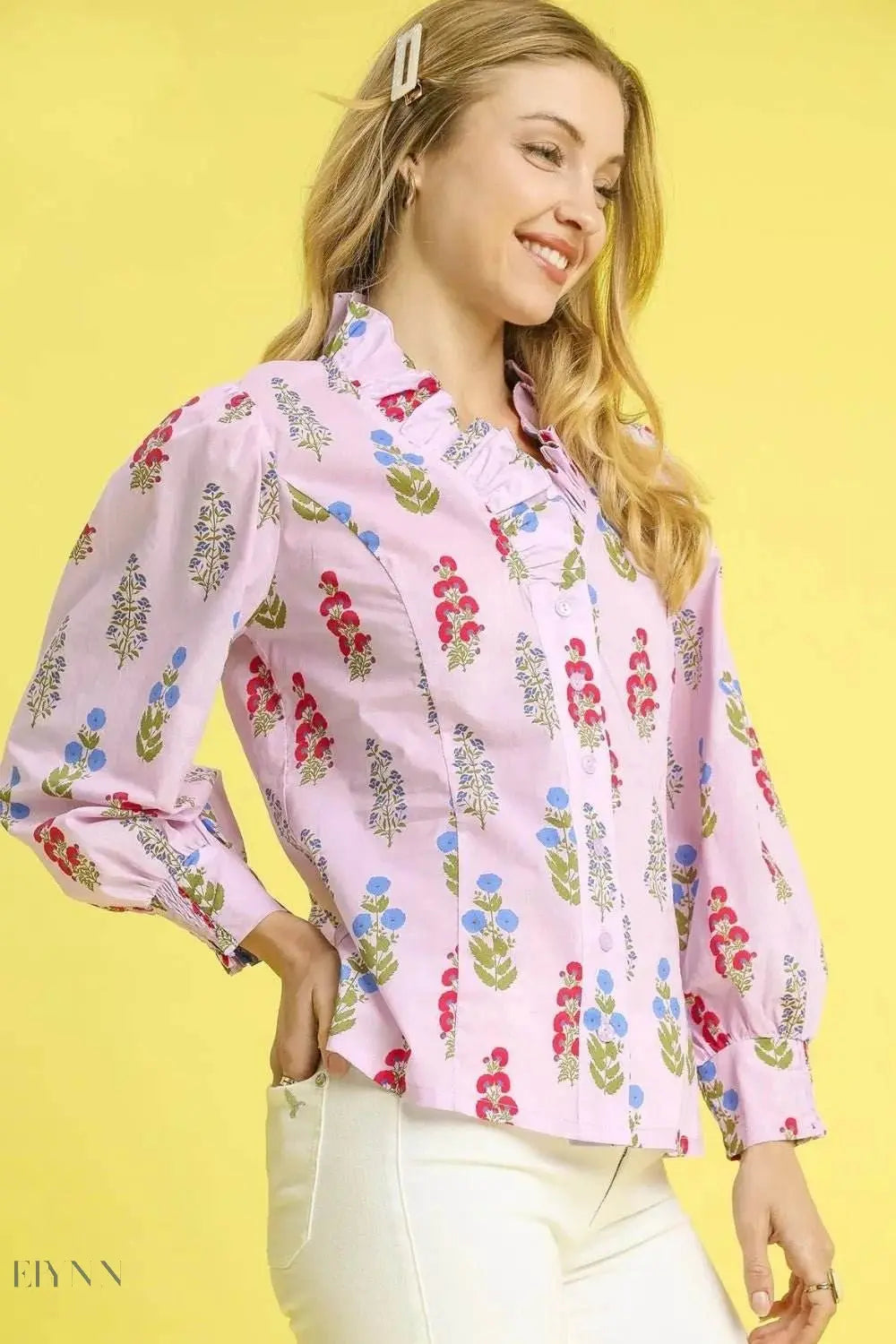Umgee Floral Print Shirt with Lantern Sleeves and Button Down Design - EBYNN