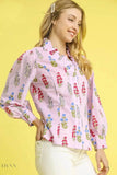 Umgee Floral Print Shirt with Lantern Sleeves and Button Down Design - EBYNN