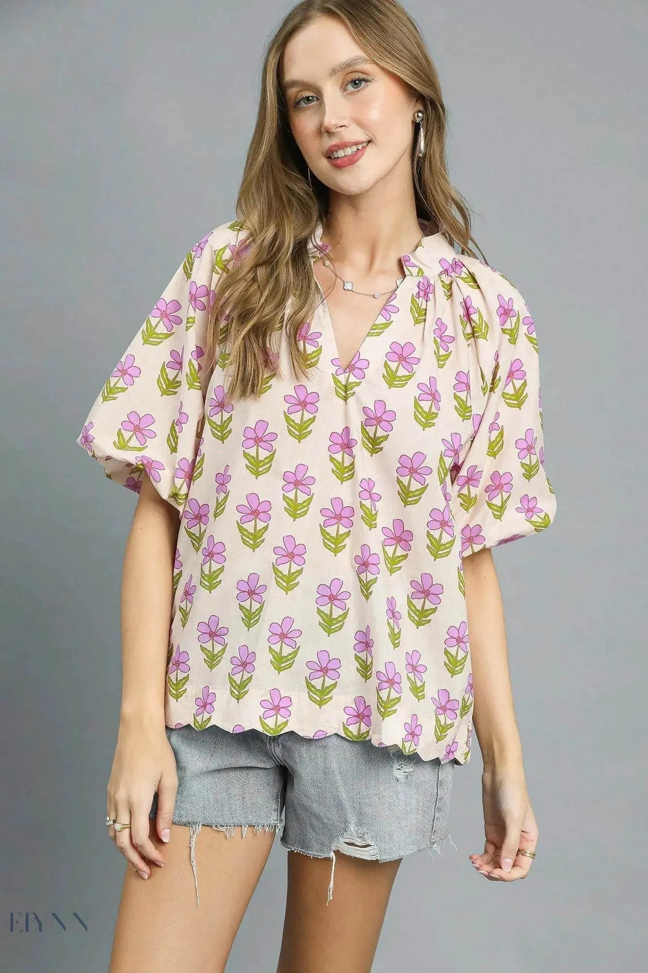Umgee Floral Print Blouse with Puff Sleeves – Stylish Chic Top for Every Occasion - EBYNN