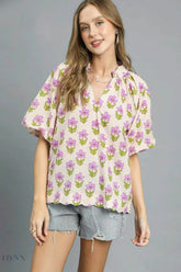 Umgee Floral Print Blouse with Puff Sleeves – Stylish Chic Top for Every Occasion - EBYNN