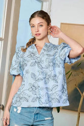 Umgee Floral Blouse with Puff Sleeves in Light Blue - EBYNN
