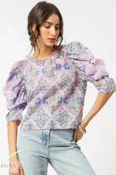 Umgee Floral Blouse with Lace Puff Sleeves - EBYNN